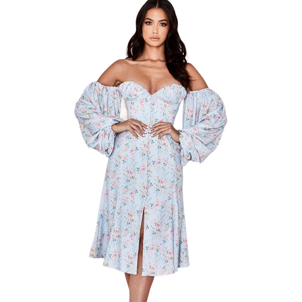 House of CB Hope Bardot Midi Dress Sundress Corset Off Shoulder Floral Small